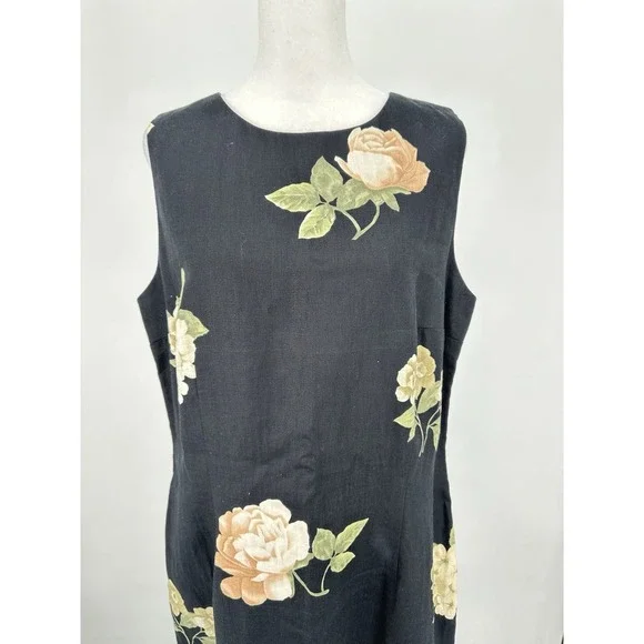 VTG 90s Ellen Tracy 100% Linen Dress 12 Black Floral Sheath Classic Cottagecore - Picture 8 of 14